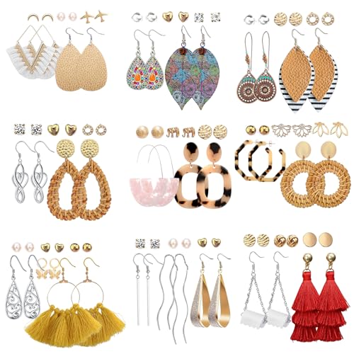 47 Pairs Trendy Boho Teardrop Geometric Acrylic Rattan Statement Dangle Drop Earrings for Christmas - style: A-47 Pairs Rattan Tassel Earrings