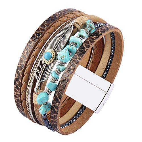 GelConnie Womens Leather Cuff Bracelet Feather Multi Strand Bracelet Wrap Bracelet Turquoise Boho Bangle Braided Leather Wristbands Bohemian Jewelry Gifts for Women Wife Sister - color: Turquoise Feather Cuff Bracelet-Brown