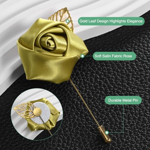 M METERXITY 24-Pack Flower Lapel Pins for Men, Golden Leaf Rose Boutonnieres Pin Groom Boutonnieres for Wedding/Dance/Party, Men Lapel Pins for Suits Satin Flower Corsage [Gold]
