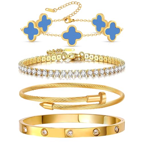 Gold Bracelets for Women, 18K Gold Plated Women Tennis Bracelets Clover Nail Love Bangle Bracelet Set, Gold Bracelet Stackable Set Trendy Jewelry, Gifts for Women's Day and Mother's Day - color: 13-Color- 4 Blue