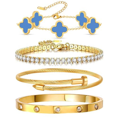 Gold Bracelets for Women, 18K Gold Plated Women Tennis Bracelets Clover Nail Love Bangle Bracelet Set, Gold Bracelet Stackable Set Trendy Jewelry, Gifts for Women's Day and Mother's Day - color: 13-Color- 4 Blue