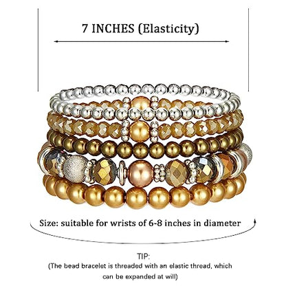 Noessla Beaded Pearl Stretch Bracelet Silver Stackable Crystal Beads Bracelets Trendy Costume Jewelry Mothers Day Gifts for Women - color: Champagne