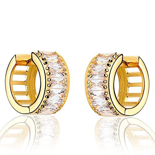 Huggie Hoop Earrings 14K Gold Plated Cubic Zirconia Dainty Simple Cute Beads Elegant CZ Circle Small Hoop Earring for Women Minimalist Handmade Hypoallergenic Jewelry - color: CZ-T