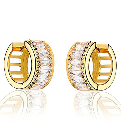 Huggie Hoop Earrings 14K Gold Plated Cubic Zirconia Dainty Simple Cute Beads Elegant CZ Circle Small Hoop Earring for Women Minimalist Handmade Hypoallergenic Jewelry - color: CZ-T