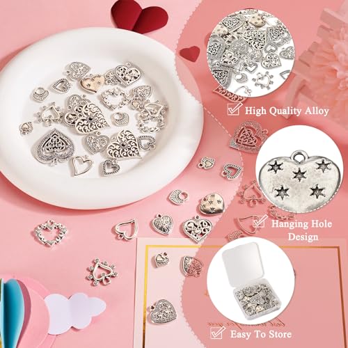 Elecrelive Crystal Heart Charms Rhinestone Heart Pendants Valentine Charms for Necklace Bracelet Earring Wedding Jewelry - color: Antique Silver, 48pcs