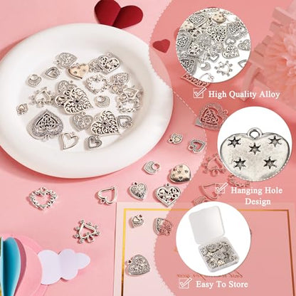 Elecrelive Crystal Heart Charms Rhinestone Heart Pendants Valentine Charms for Necklace Bracelet Earring Wedding Jewelry - color: Antique Silver, 48pcs