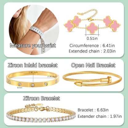 Gold Bracelets for Women, 18K Gold Plated Women Tennis Bracelets Clover Nail Love Bangle Bracelet Set, Gold Bracelet Stackable Set Trendy Jewelry, Gifts for Women's Day and Mother's Day - color: 08-Color-4 Pink