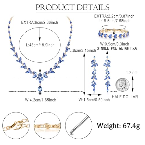 EVER FAITH Marquise Crystal Leaf Bridal Prom Jewelry Set for Women Bride | Rhinestone Wedding Party Necklace Dangle Earrings Tennis Bracelet, for Bridesmaid - color: Light Blue