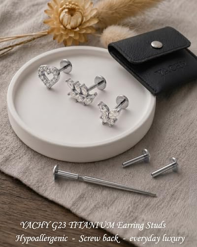 YACHY ASTM F136 G23 Titanium Flat Back Stud Earrings, Internally Threaded Screw-On Hypoallergenic Body Piercing Jewelry for Everyday Wear, Tragus Helix Conch Monroe Medusa Lip, 18G 6mm 8mm - color: Blooming Love--3pcs+3bar--Silver, size: 6mm+8mm