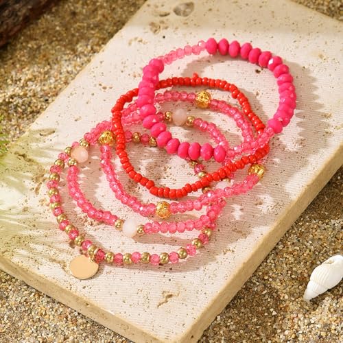 Bohemian Handmade Crystal Seed Beads Disc Pendant Colorful Multilayered Elastic Bracelets Stackable Stretch Strand Bangles Friendship Summer Beach Jewelry for Women - color: red
