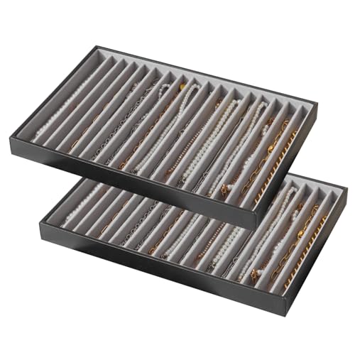 Large Jewelry Organizer Tray for Drawer Inserts 2 Pack | Stackable Jewelry Storage PU Leather Velvet Jewellery Display Case for Earring Bracelet Necklace (Black Gray, 16 Grids) - color: Black Gray, size: 16 Grids