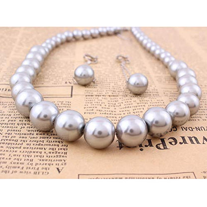 Handmade Faux Pearl Necklace and Clip on Earrings Jewelry Sets for Women Bib Choker Collar Necklace - color: Grey-Necklace+Tassel Clip Earrings