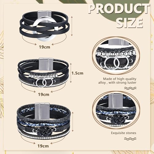 Sanfenly Leather Wrap Bracelets for Women,Boho Wrap Bracelets Leather Cuff Bangle Beads Bracelets Stackable Western Bracelets Jewelry for Women (Gold/Black/Gray/Turquoise) - color: Black Leather