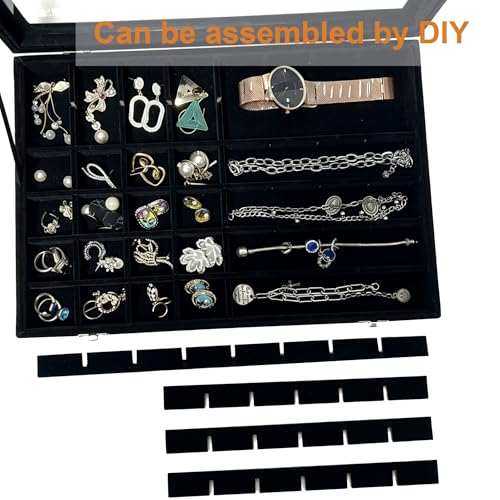 Velvet Jewelry Tray 48 Compartments Jewelry Box Display Organizer with Transparent Cover Earrings, Rings,Necklaces, Pendants Storage Box for Girls, Women,Wife, Mother (48Grid-Black) - color: 48Grid-Black