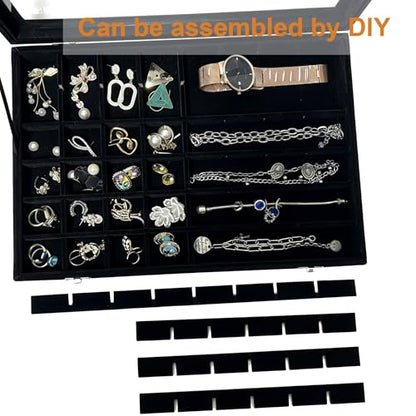 Velvet Jewelry Tray 48 Compartments Jewelry Box Display Organizer with Transparent Cover Earrings, Rings,Necklaces, Pendants Storage Box for Girls, Women,Wife, Mother (48Grid-Black) - color: 48Grid-Black