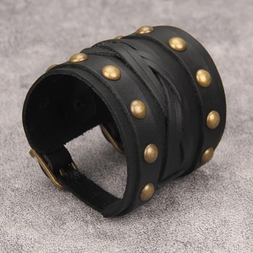 GelConnie Leather Cuff Bracelet for Men Women Wide Leather Wristband Thick Viking Mens Leather Bracelets Gothic Wrist Band Vintage Rock Wristband - style: Mens Leather Bracelet