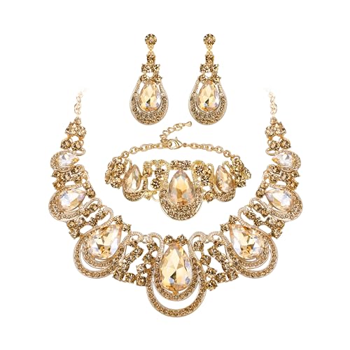 Women's Statement Jewelry Set for Wedding Prom Accessories | Shiny Teardrop Crystal Cluster Hollow Necklace Dangle Earrings Chain Bracelet Set for Bride Bridesmaid - color: Champagne