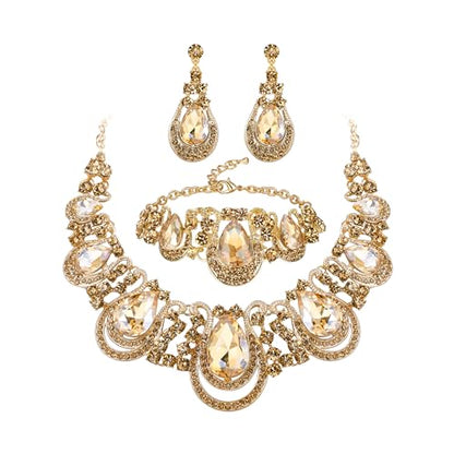 Women's Statement Jewelry Set for Wedding Prom Accessories | Shiny Teardrop Crystal Cluster Hollow Necklace Dangle Earrings Chain Bracelet Set for Bride Bridesmaid - color: Champagne