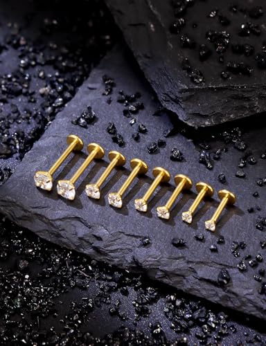 18G 16G Internal Thread Flat Back Nose Stud Earrings Surgical Steel Conch Tragus Cartilage Medusa Monroe Labret Lip Rings Piercing Jewelry for Women Men CZ Silver Black Gold Hypoallergenic - color: Gold, size: 16g