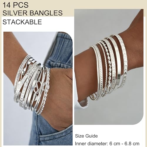 FAXHION Gold Bangle Bracelets for Women, 14 Pcs Multi Layer Stackable Bangle Set, 14K Gold Plated Textured Chunky Bracelets Boho Jewelrys Set - style: Silver A-14 pcs