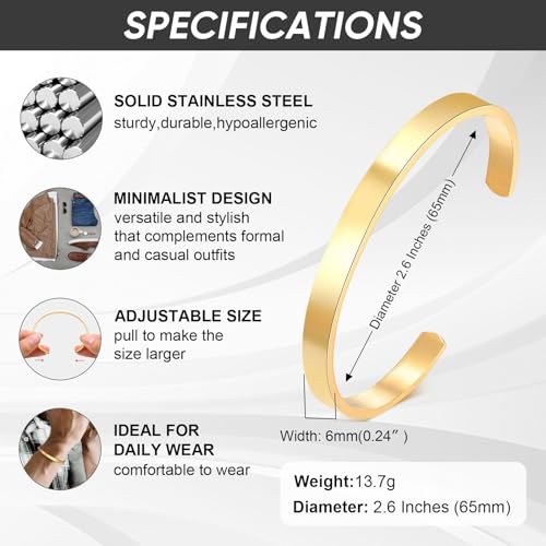 Stainless Steel Mens Cuff Bracelet : Minimal Cool Silver/Black/Gold Plated Open Metal Cuff Bangle Bracelets for Men,Mens Bracelet Jewelry Gift - color: Gold Plated-Single, size: Medium( fit 5.5"-7.2" wrist)