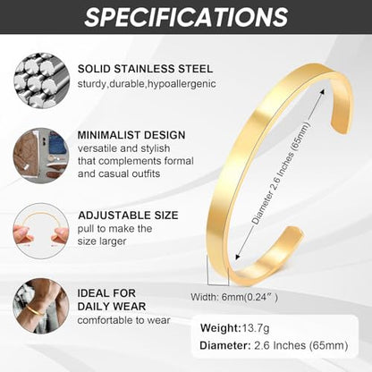 Stainless Steel Mens Cuff Bracelet : Minimal Cool Silver/Black/Gold Plated Open Metal Cuff Bangle Bracelets for Men,Mens Bracelet Jewelry Gift - color: Gold Plated-Single, size: Medium( fit 5.5"-7.2" wrist)
