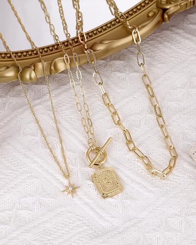 MJartoria Layered Initial Necklaces for Women | 14K Gold Plated Brass, Star Choker, Square Letter Pendant, Paperclip Chain - color: Gold, style: B