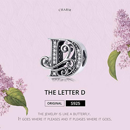 BISAER 925 Sterling Silver Initial Letter A-Z Charms for Bracelets Alphabet Beads Charm Jewelry Gifts - color: Letter D