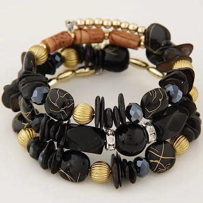 Women Beaded Bracelet Set | Colorful Boho Stackable Trendy Design with Crystal Accents Multilayer Bangle Bracelet | Fashion Stretch Braclets Jewelry for Women - color: Black.