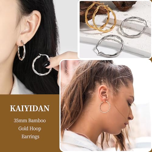 2 Pairs Gold/Silver Hoop Earrings For Women Set Trendy,14K Plated Gold Chunky Huggie Hoop Earings Pack,Oval Twisted Statement Silver Hoops,Fashion Jewelry Gift - color: 3) bamboo hoop