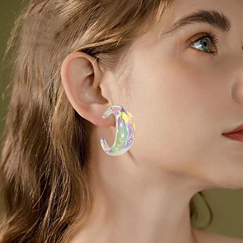 Acrylic Resin Earrings 70s 80s Colorful Hoop Earrings C Shape Trendy Chunky Cute Candy Earrings Jewelry for Women - color: Clear