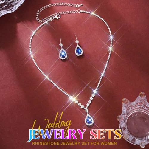 Unicra Bride Crystal Necklace Earrings Set Bridal Wedding Jewelry Sets Rhinestone Choker Necklace Prom Costume Jewelry Set for Women and Brides - color: Dark Blue