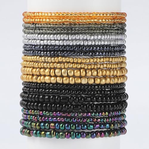 16-30Pcs Handmade Bohemian Colorful Crystal Seed Beads Stackable Adjustable Elastic Stretch Multilayerd Bracelets for Women Summer Vacation Beach Boho Bangle Jewelry - color: black