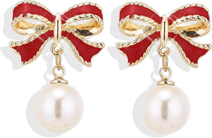Gold Bow Earrings for Women, Long Tassel Chain Drop Earrings, Trendy Small Bow Earrings, Ribbon Waterfall Dangling Earrings, Pearl Bow Earrings, Sparkly Elegant Bowknot Preppy Jewelry Gifts for Women - color: Red