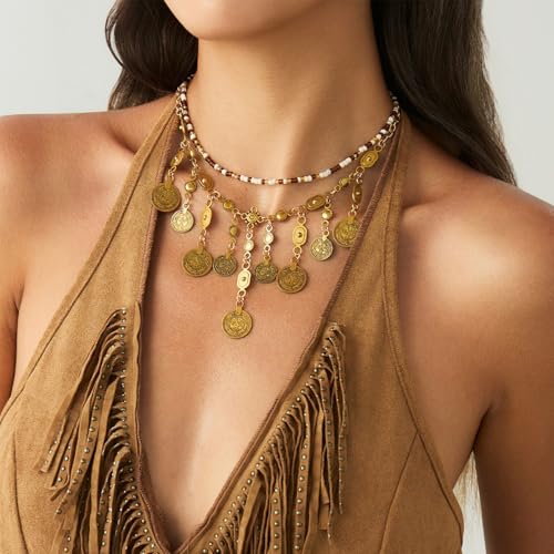 Boho Coin Charm Necklace for Women Layered Gold Coin Beaded Pendant Necklace Pirate Necklace Chunky Coins Tassel Ethnic Gypsy Costume Accessories - style: A.