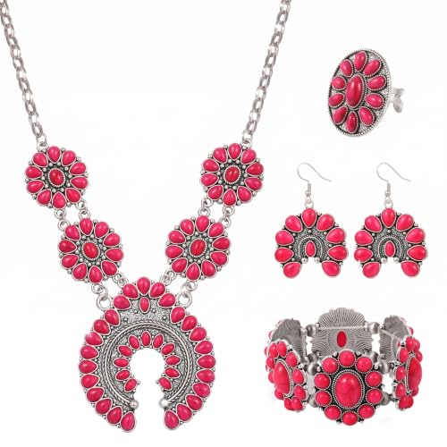 4 PCS Western Turquoise Jewelry for Women Boho Vintage Navajo Pearl Necklace Earring Bracelet Ring Set Country Cowgirl Accessories for Gift - color: M-Magenta