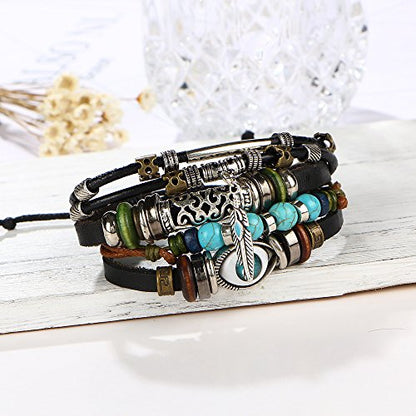 Boho National Stone Feather Multilayer Leather Bracelet Evil Eye Charms Turquoises Beads Bracelets for Men Vintage Punk Wrap Wristband Owl Bird Bracelet