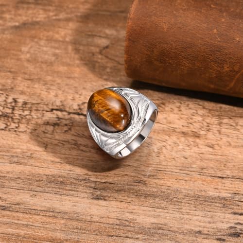 Silver Tiger Eye Stone Oval Signet Ring for Men and Women Stainless Steel Nature Stone Thumb Wedding Engagement Statement Pinky Band Rings Gift for Him, Size 7-13