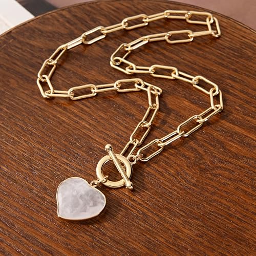 14K Gold Plated Two Sides Carved Stone Heart Shape Necklace for Women Love Pendant Necklace Jewelry for Daily and Gifts - color: pink quartz