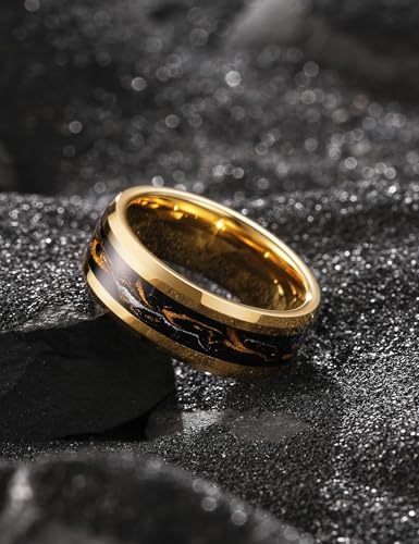 King Will Mens Galaxy Tungsten Wedding Band | 6mm/8mm, Beveled Edge, Comfort Fit, Durable, Sandstone Opal Inlay Polished, Everyday Wear - color: Black&Gold&White
