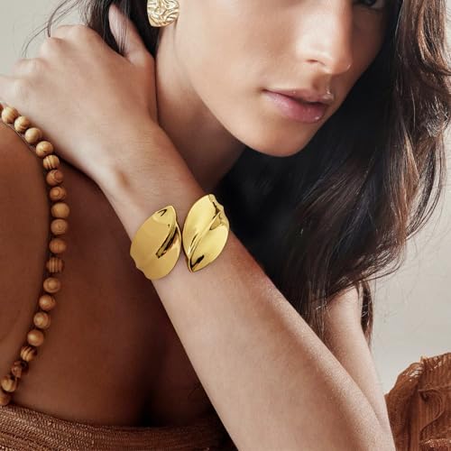 Chunky 14k Gold Cuff Bracelets for Women - Non Tarnish Teardrop Bangle Multi-layer Cross Wire Open Bracelets - color: Golden 12