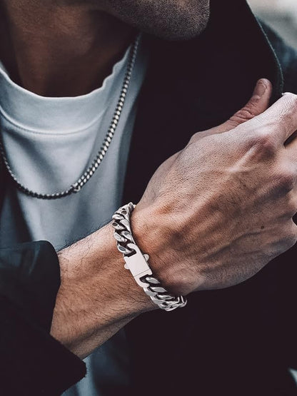 Bandmax Mens Hip Hop Cuban Link Bracelets 5/7/9/12MM Stainless Steel Miami Curb Chain Bracelet Silver/Gold Plated/Black Wristlet Chains for Men 7"-9" - color: 10 12MM-Steel