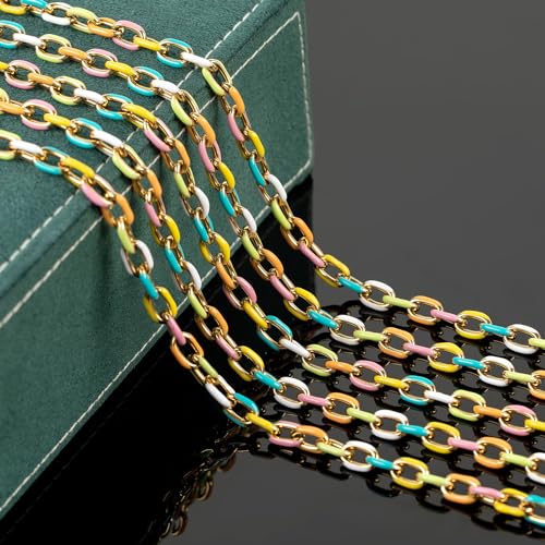 UMAOKANG 2 Yard Gold Plated Stainless Steel Chain Bulk for Jewelry Making | Colorful Enamel Paperclip Chain Roll Chunky Paper Clip Link Chain with Jump Rings and Lobster Clasps - color: Light Colorful