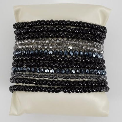 Bohemian Multilayer Beaded Stackable Stretch Bracelets for Women Colorful Crystal Glass Resin Seed Beads Elastic Wristbands BFF Friendship Summer Beach Hawaii Jewelry - color: Black