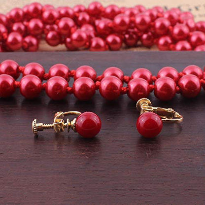 Handmade Faux Pearl Necklace and Clip on Earrings Jewelry Sets for Women Bib Choker Collar Necklace - color: 140cm Red-Necklace+Screw Clip Earrings