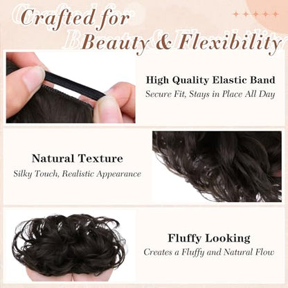 2PCS Messy Bun Hair Pieces Synthetic Hairpieces For Women Brown | Messy Bun and Donut Bun in one set for natural-looking volume and elegant updos for every occasion. - color: Brown