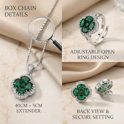 Green/Blue Zircon 4-Leaf Clover Jewelry Set – Necklace, Ring, Earrings – Women's Wedding & Evening Gift for Wife, Girlfriend, Mother – Comes with Gift Box - color: Green 3-Piece Set