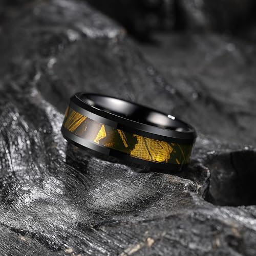 King Will Tungsten Wedding Band Wood Inlay for Men Black Beveled Edge | Black, 8mm, Beveled Edge, Comfort Fit, Wood inlay, Promise Gift - color: Black-Gold