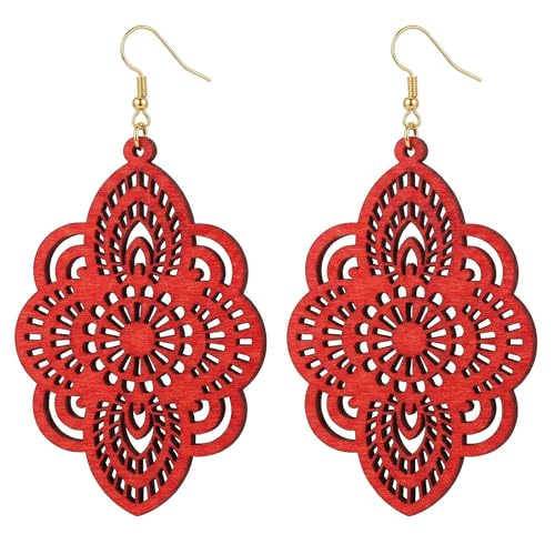 Boho Black Filigree Dangle Earrings for Women, Lightweight Hollow Lace Drop, Wood, 3.34" x 1.69", Bohemian Jewelry - color: Red