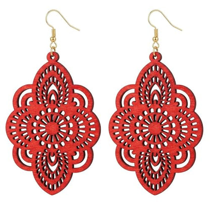Boho Black Filigree Dangle Earrings for Women, Lightweight Hollow Lace Drop, Wood, 3.34" x 1.69", Bohemian Jewelry - color: Red